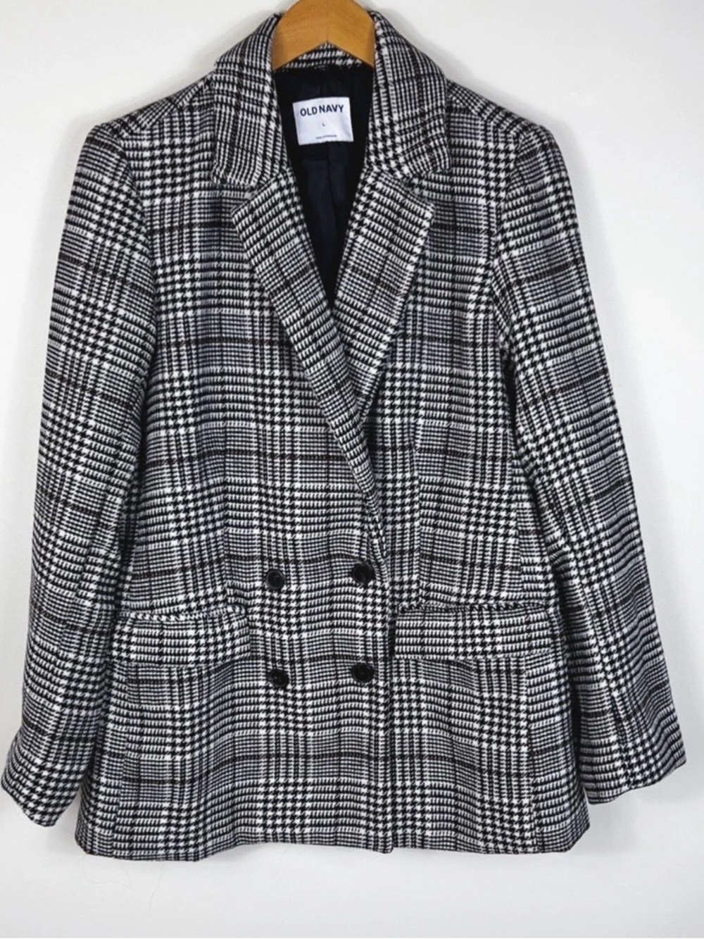 Old Navy Black & White Plaid Double-Breasted Blazer With Pockets Size Large